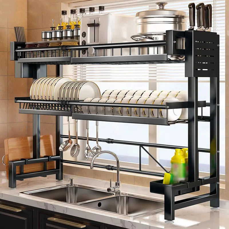 1pc countertop cutlery storage drainage rack expandable kitchen sink shelf bowl rack drain black kitchen organizer