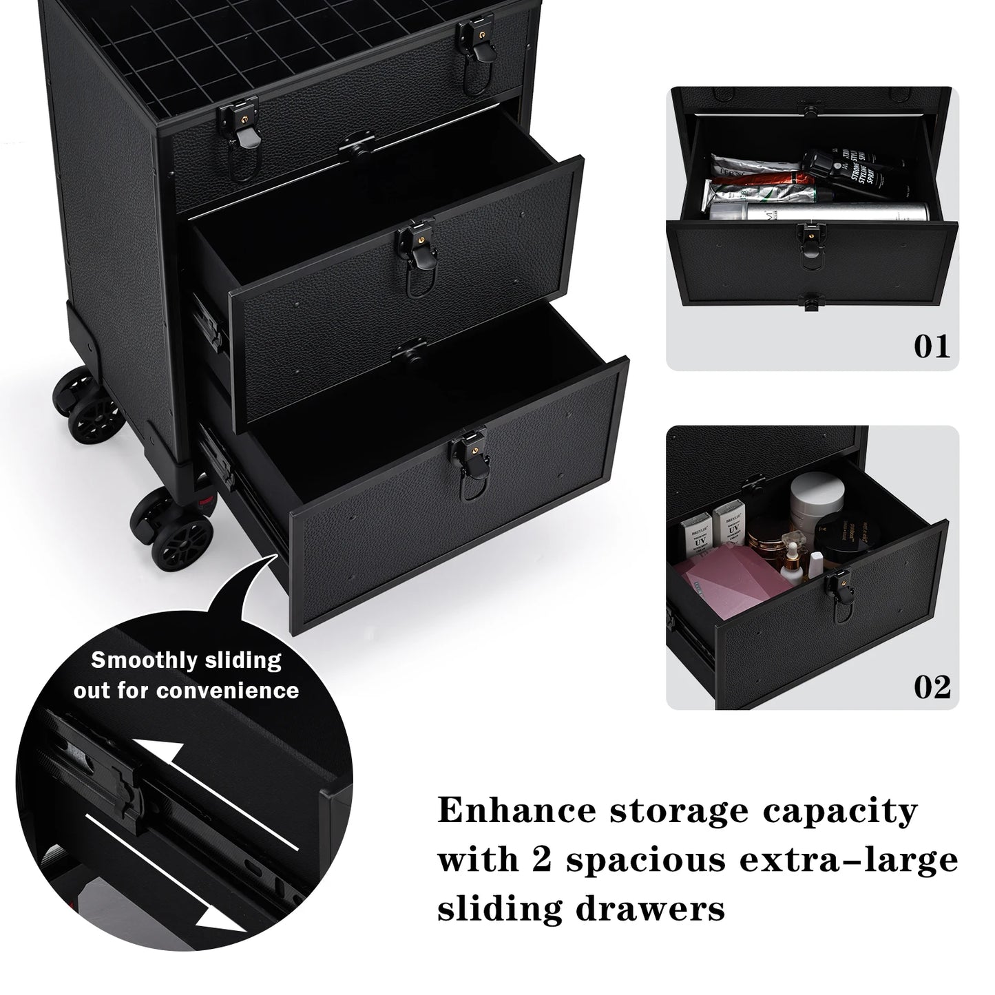 Professional 3 in 1 Rolling Makeup Case on Wheels 2 Large Drawer Nail Trolley Traveling Cosmetic Train Case with Makeup Pouch