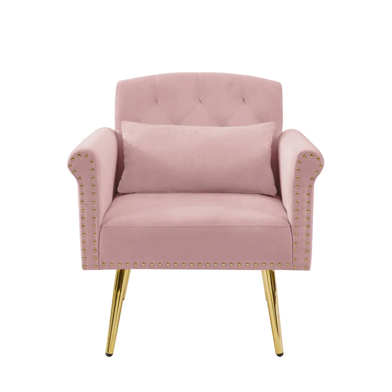 Velvet armchair withwith velvet and 4 gold metal legs，with tufted back and seat，for living room