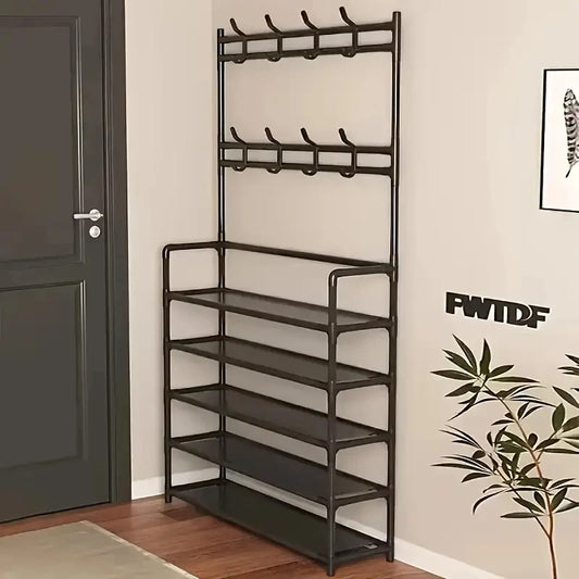 Entryway Coat Rack, Shoe Rack for Entryway, Coat Rack Freestanding with 4-Tier Storage Shelves and 8 Double Hooks, for Living Ro