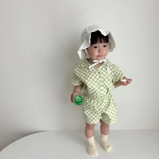 2024 Infant Baby Boy 2 Piece Clothes Look Set Single Breasted Muslin Homewear Polo Shirt Suit Loose Plaid Shorts Kid Boy Outfit