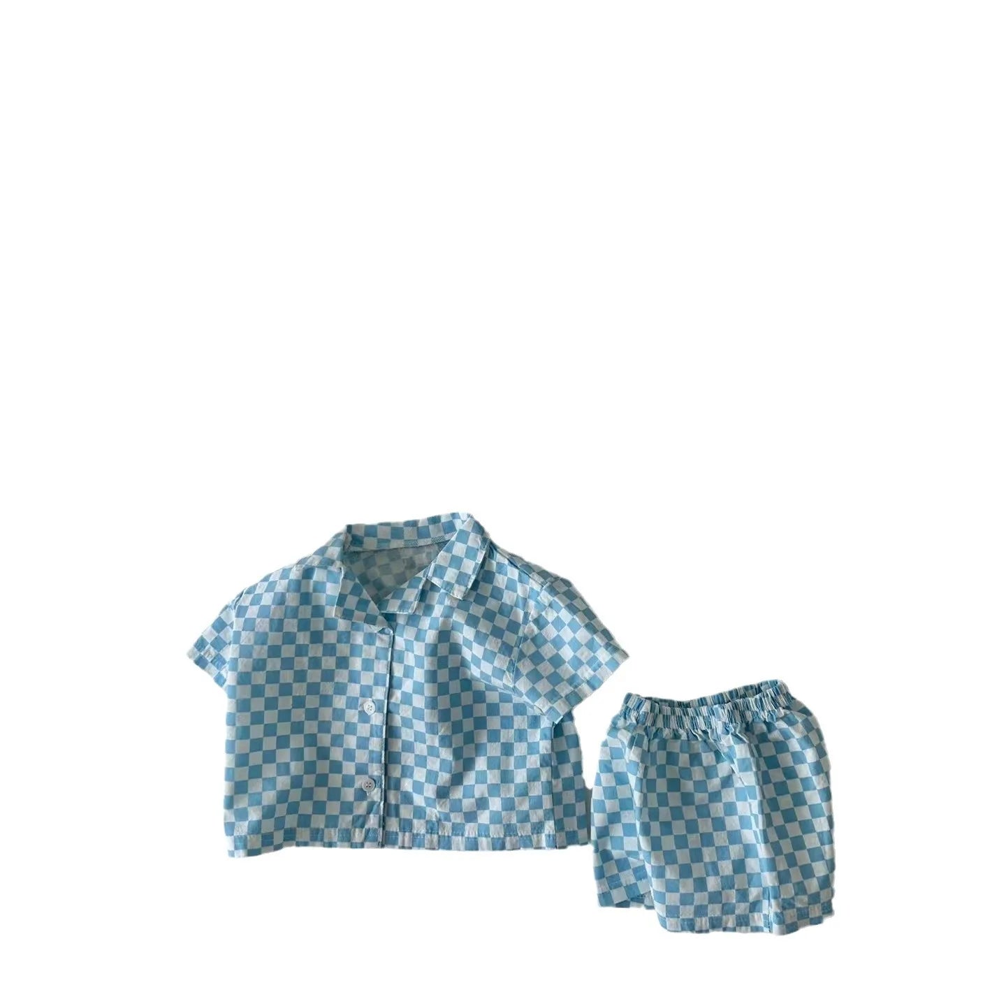 2024 Infant Baby Boy 2 Piece Clothes Look Set Single Breasted Muslin Homewear Polo Shirt Suit Loose Plaid Shorts Kid Boy Outfit