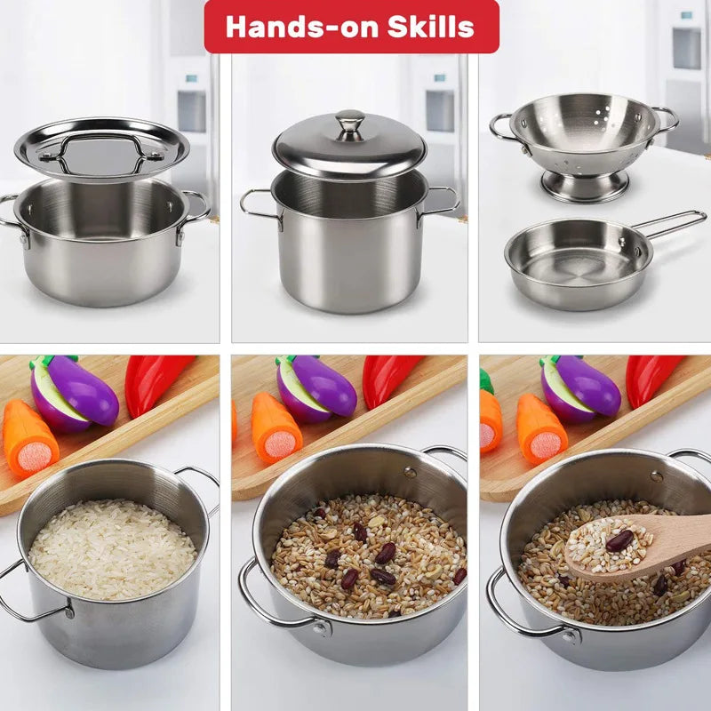 Kids Toy Pots and Pans Toys - Kitchen Play Set Pretend Cookware Mini Stainless Steel Cooking Utensils Development Toys