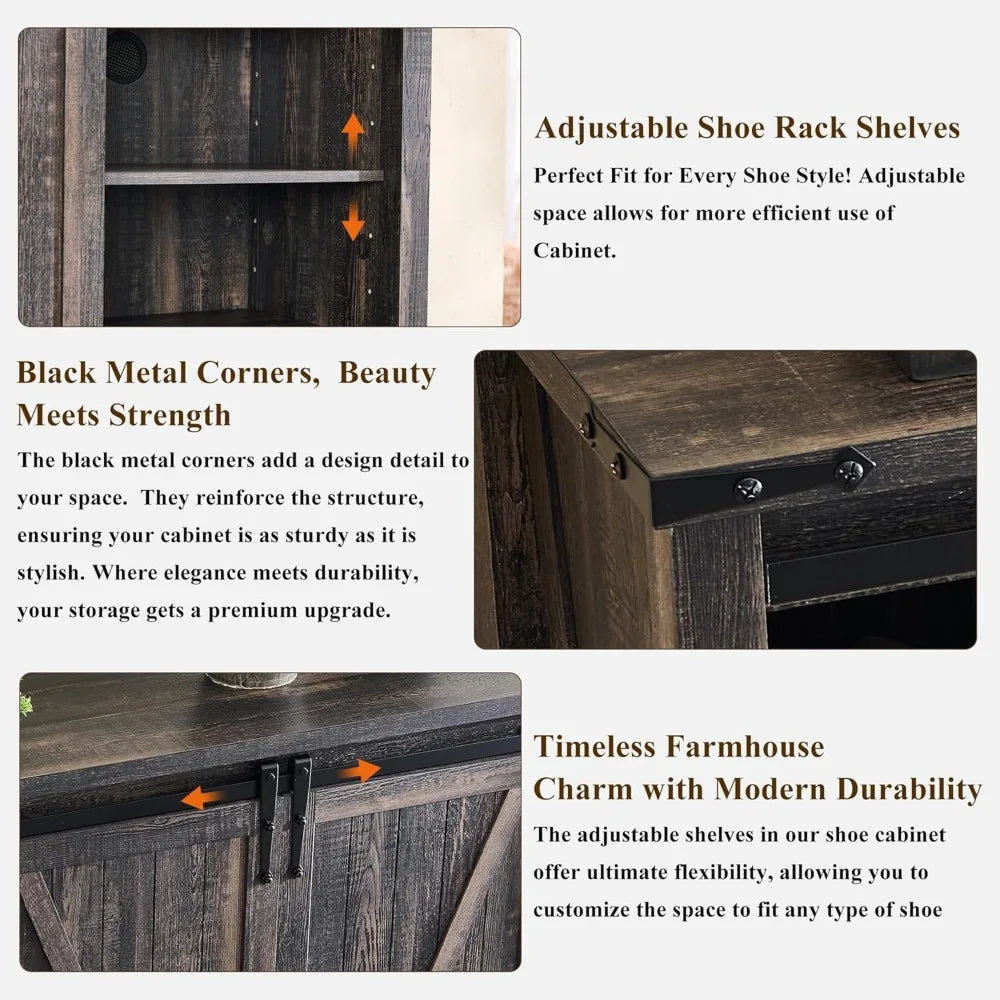Shoe Cabinet with 2 Sliding Door, 6-Tier Adjustable Shelves, Farmhouse Shoe Organizer for Entryway, Living Room, 60" Tall Large