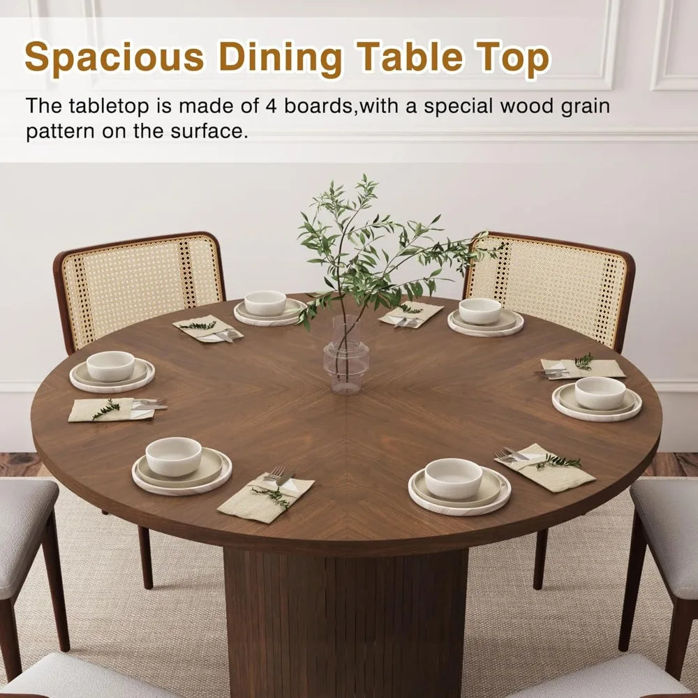 Round Dining Table for 4, Modern Farmhouse Kitchen Table, 47 Inch Small Circle Dining Tables with Wood Strip Base for Kitchen Li