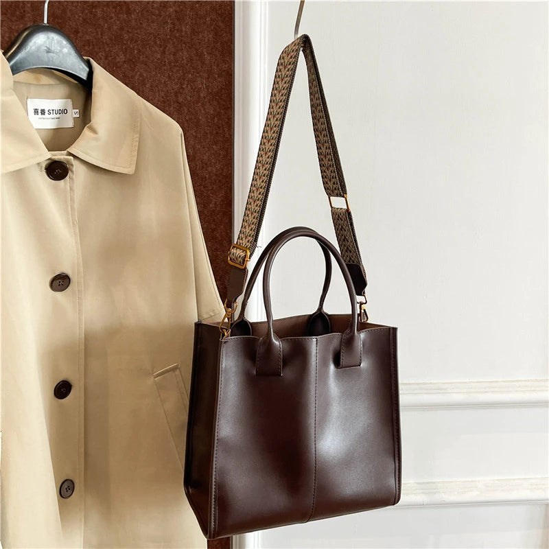 Black Tote Bag For Women Fashion Wide Strap Shoulder Handbag High Quality Pu Leather Bag Coffee Brown Female Brand Commute Bag
