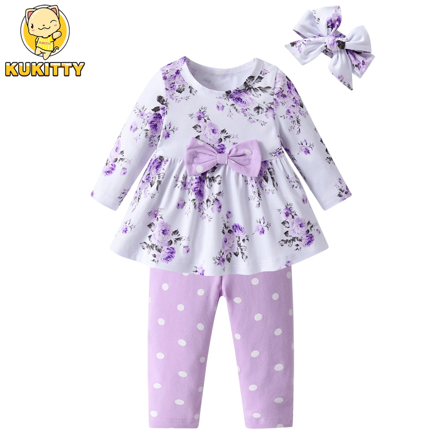 Toddler Baby Girl Clothes Set for 0-2Years Old Floral Long Sleeve Top with Bow and Polka Dots Pants with Headband Newborn Outfit