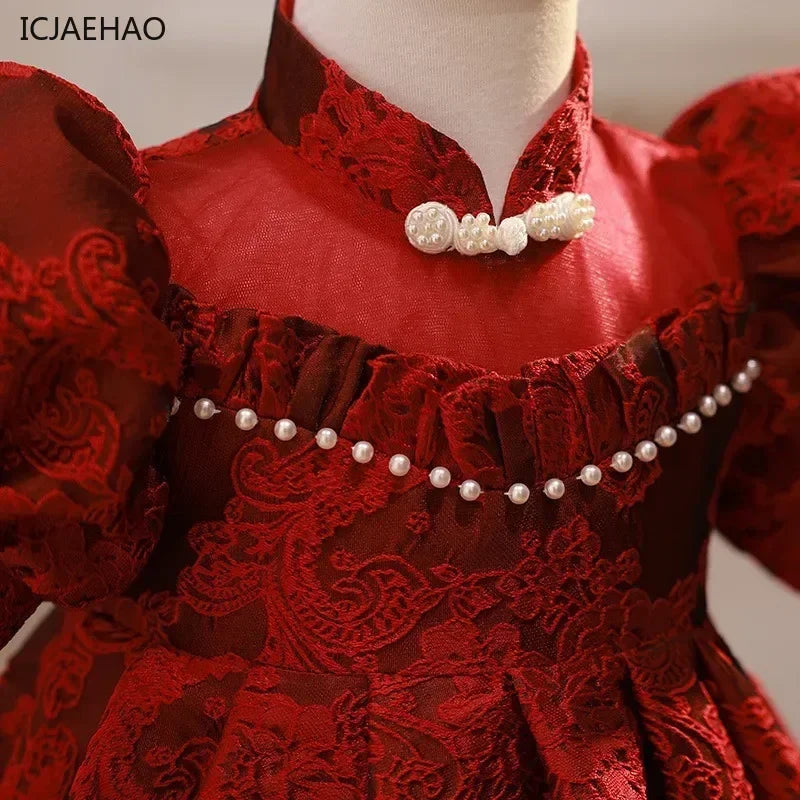 Baby Girl Clothing Children Flower Dress Outfits Birthday Baptism Elegant Kids Bow Boutique Party Red Ball Gown Toddler Clothes