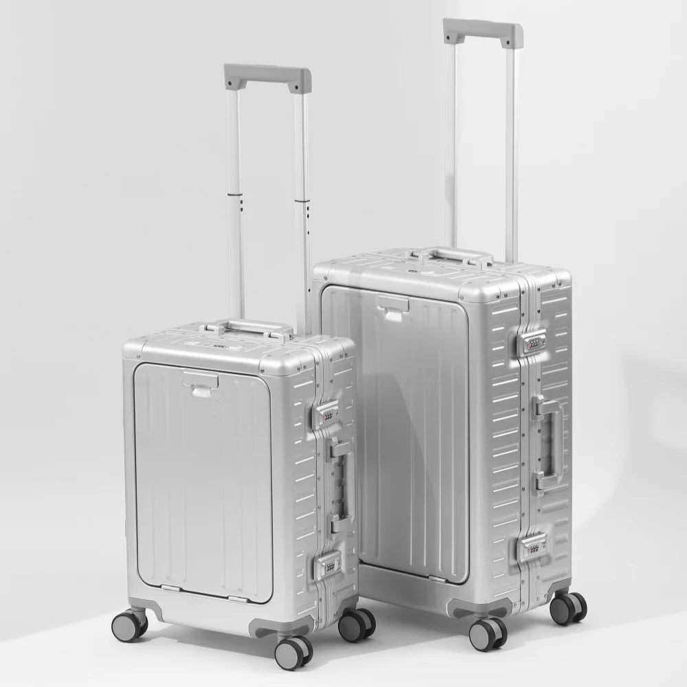 New All Aluminum-magnesium Suitcase Front Opening Rolling Luggage with USB Charging Plug TSA Lock Travel Trolley Case with Wheel