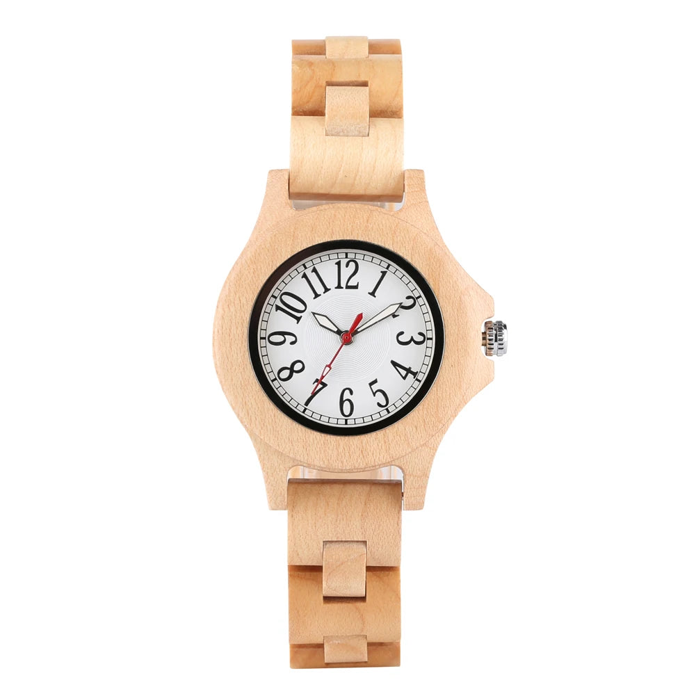 Natural Maple Wood Quartz Ladies Watch Bracelet Clasp Buckle Full Wooden Wristband Arabic Numerals Round Dial Women Watches
