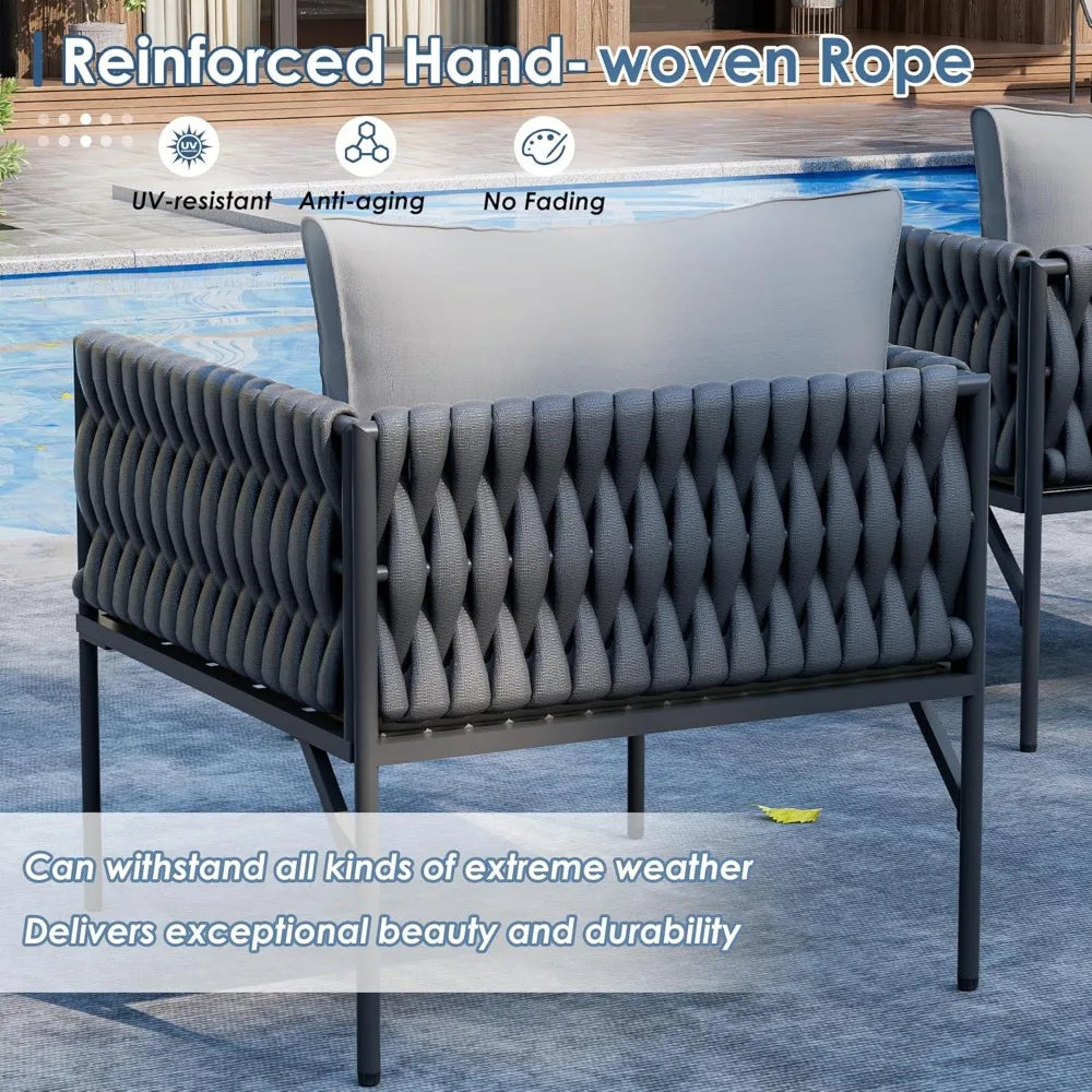 Patio Furniture Set, Patio Conversation Set with Handwoven Rope and Deep Seating, Outdoor Furniture 5-Seat Sofa with Two Round