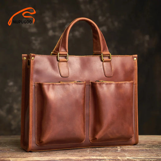 Vintage Men's Briefcase Genuine Leather Casual Trend Handbag High Capacity Shoulder Bag Zipper Pockte For 14 Inch Laptop NUPUGOO