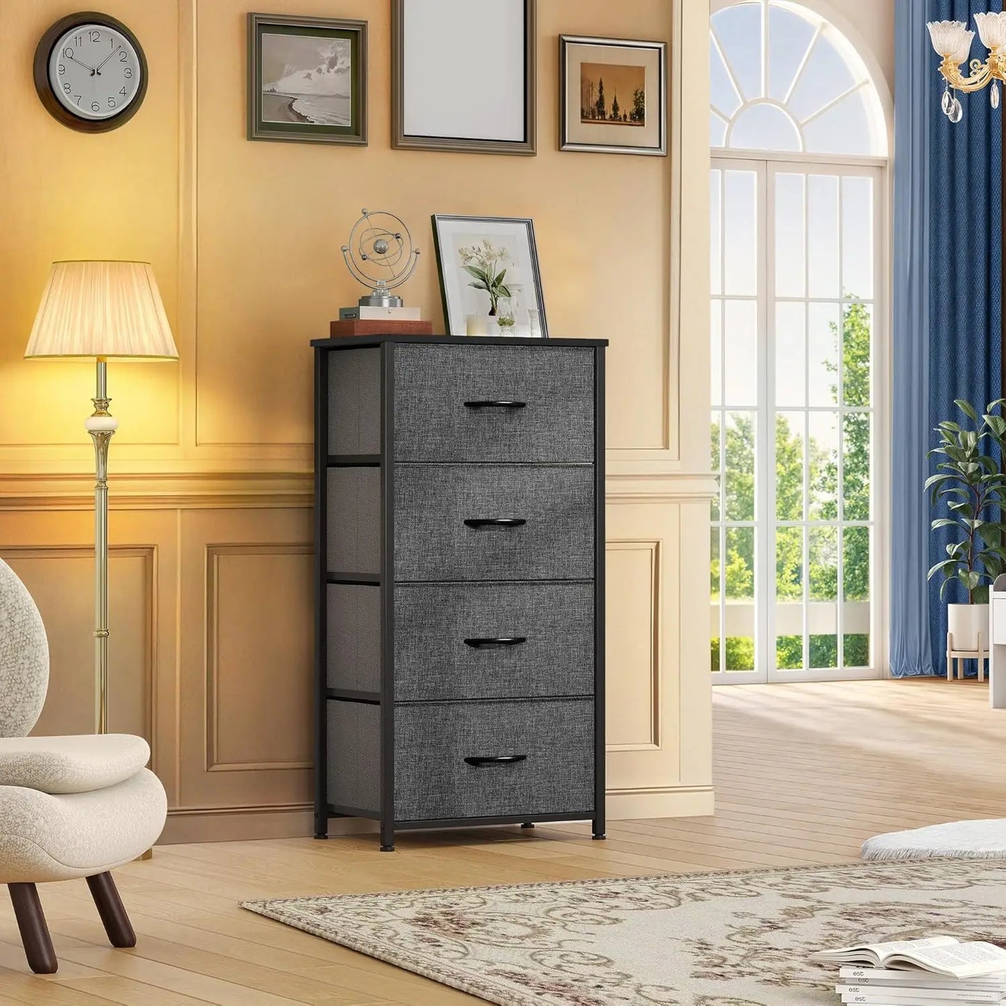 Storage Tower with 4 Drawers - Fabric Dresser, Organizer Unit for Bedroom, Living Room, Closets - Sturdy Steel Frame
