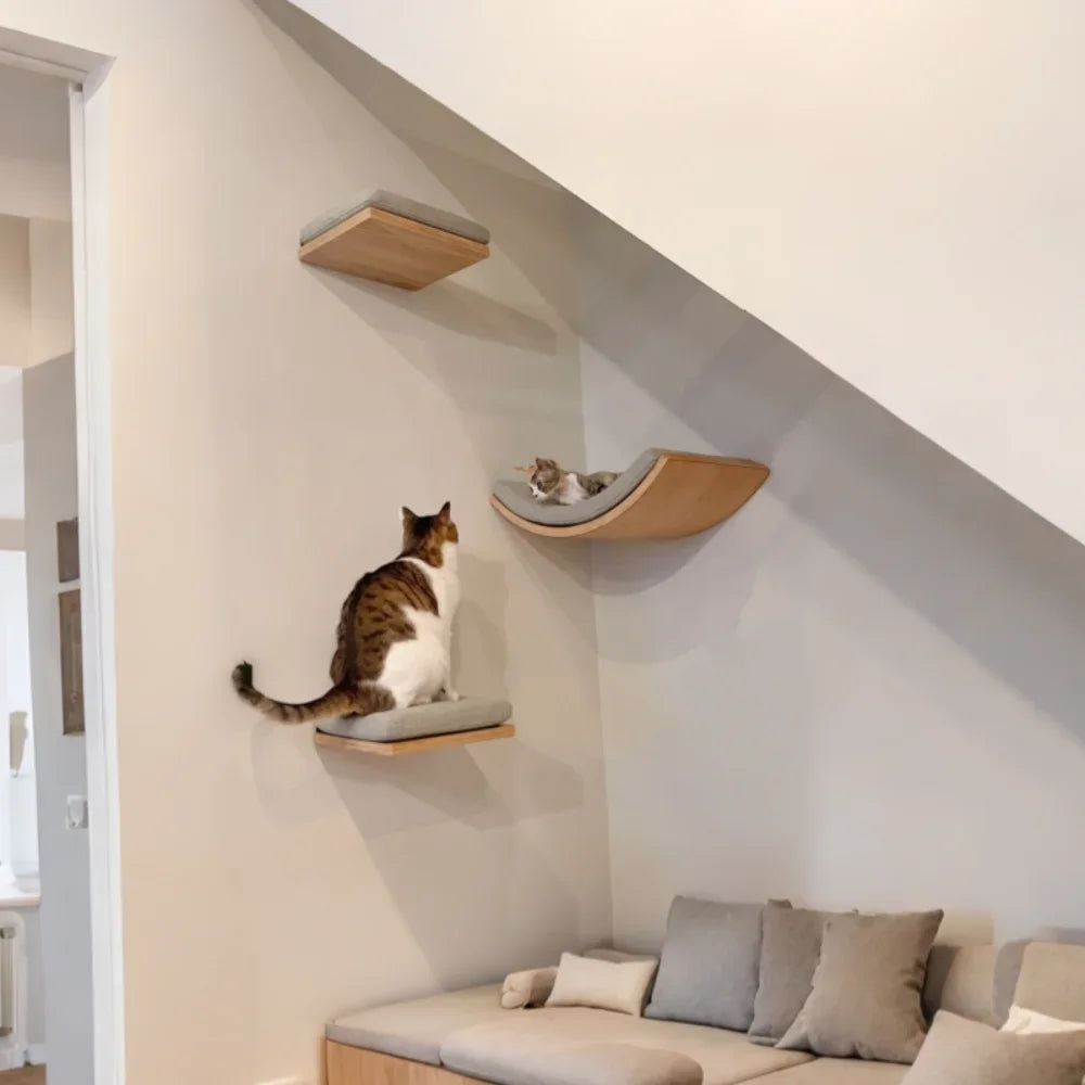 Wooden Cat Tree Tower Wall Mounted Cat Climbing Shelves Hammock Stairs House Cats Walk Playground Pet Furniture Accessories