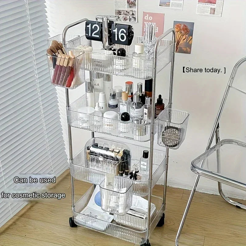 3 Tier Clear Storage Cart with Wheels - Multifunctional Rolling Organizer for Bedroom Living Room & Office
