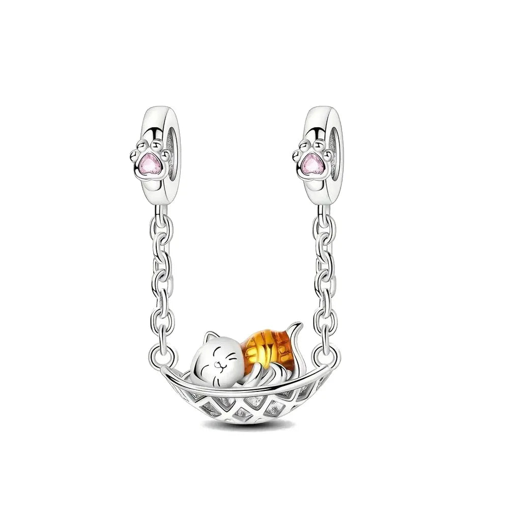 New 925 Silver Horseshoe Clover Star Cat Charm True eyes Pendant Safety Chain Bead Fit Original Bracelet Jewellery Gift dragon