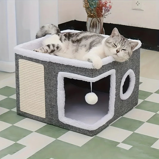 Luxury Cat Tree Bed with Scratching Post - Dual-Level 4-Season Pet Furniture, Organic Bamboo Base & Orthopedic Cushion