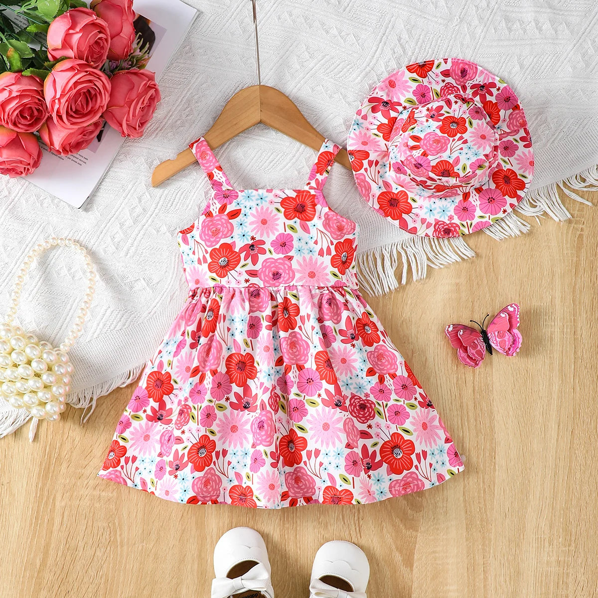Baby Girl Summer Dress Strap Beautiful Printed Strap Dress+Hat Two Piece Set for 0-3 Year Old Baby Girl Beach Vacation Dress