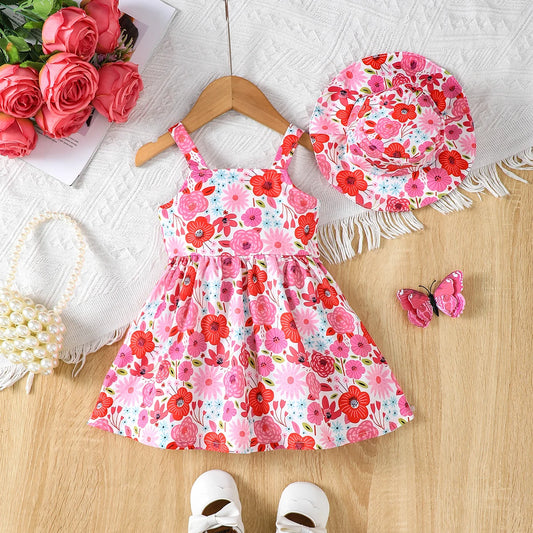 Baby Girl Summer Dress Strap Beautiful Printed Strap Dress+Hat Two Piece Set for 0-3 Year Old Baby Girl Beach Vacation Dress