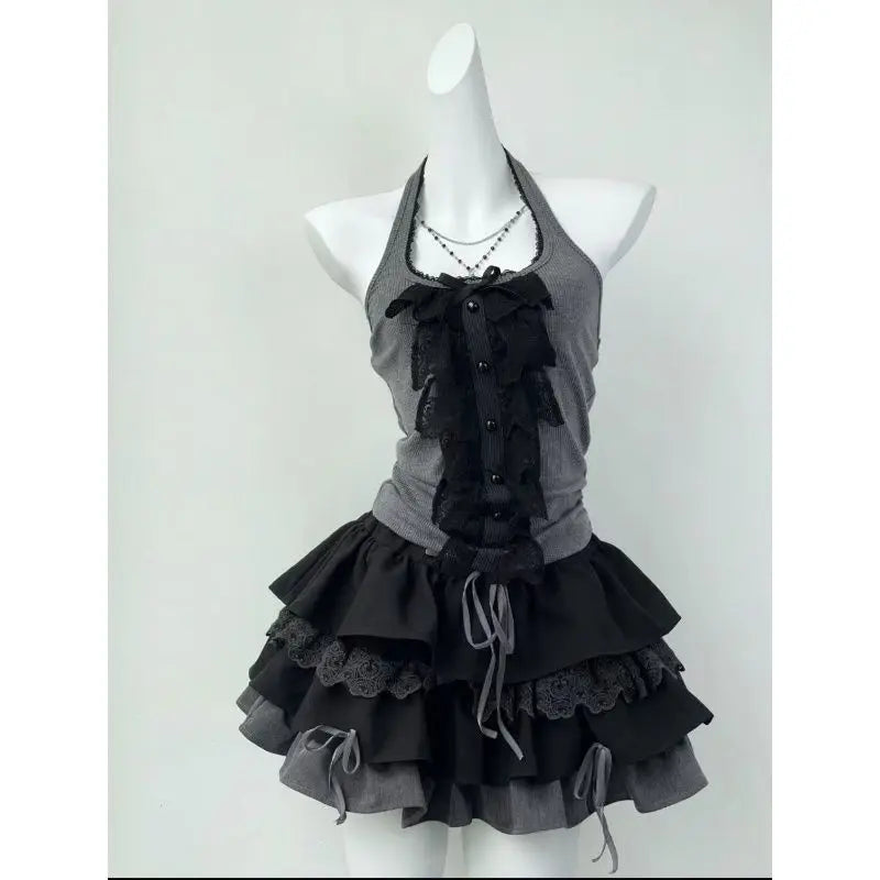 Women's Clothing Japanese 3 Piece Sets Patchwork Lace Tshirts Crop Vest Bow Sweet Skirt Outfits Roupas Femme Chic Summer Suit