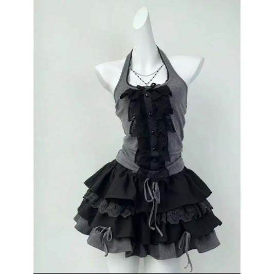 Women's Clothing Japanese 3 Piece Sets Patchwork Lace Tshirts Crop Vest Bow Sweet Skirt Outfits Roupas Femme Chic Summer Suit