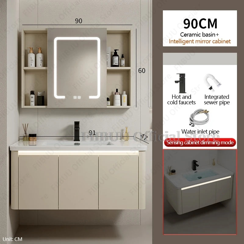 Bathroom Cabinet with Rounded Corners Ceramic Washbasin Wall-mounted Bathroom Dressing Storage Cabinet with Mirror and Faucet