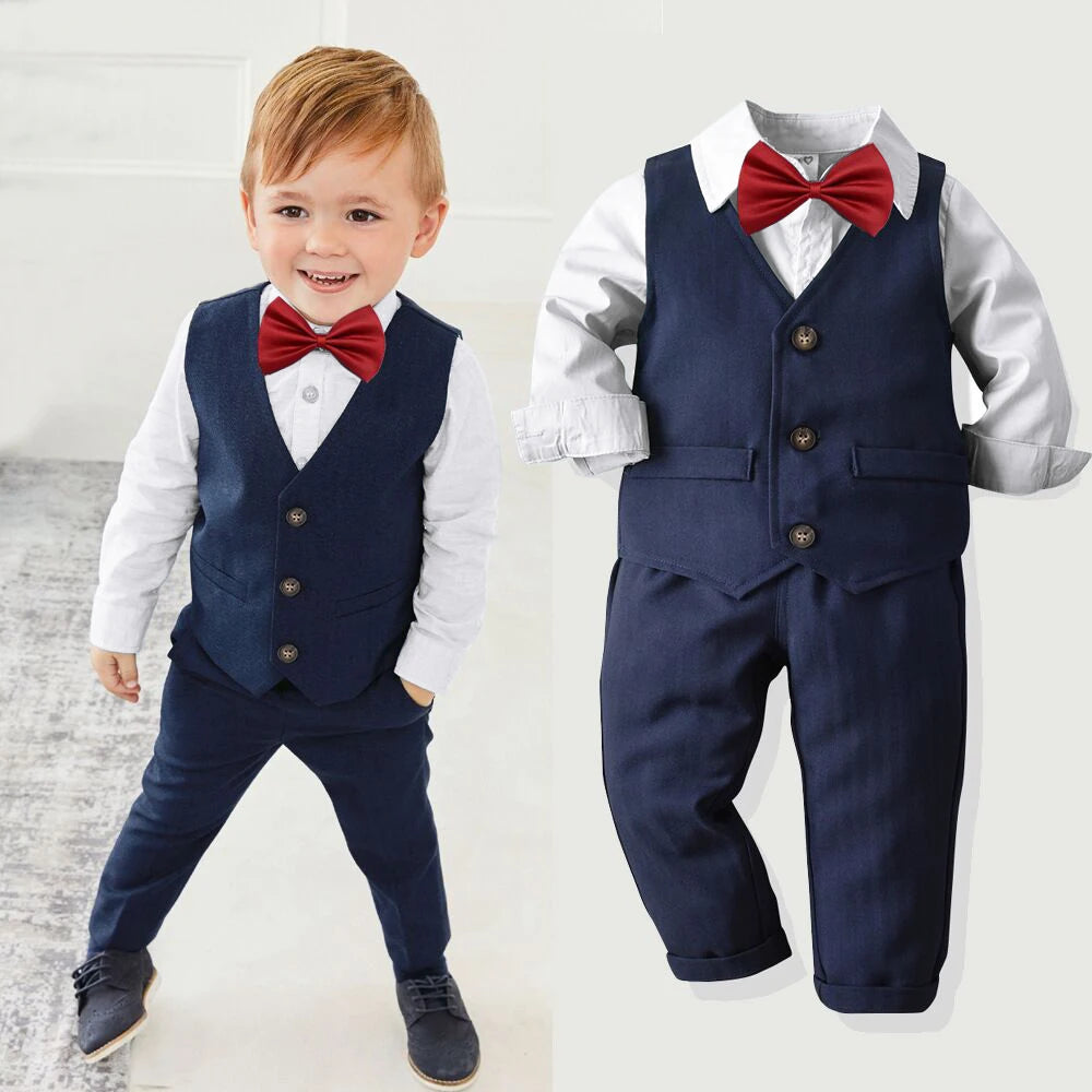 Baby boy's clothing spring and autumn gentleman's birthday suit newborn party dress soft cotton vest + shirt + pants baby 4-piec