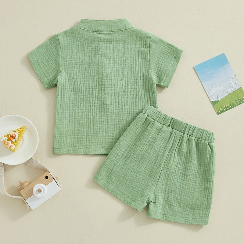 Lioraitiin Toddler Baby Boy Clothes Solid Color Cotton Gauze Button Up Short Sleeve Henley Shirts and Shorts Set Summer Outfits