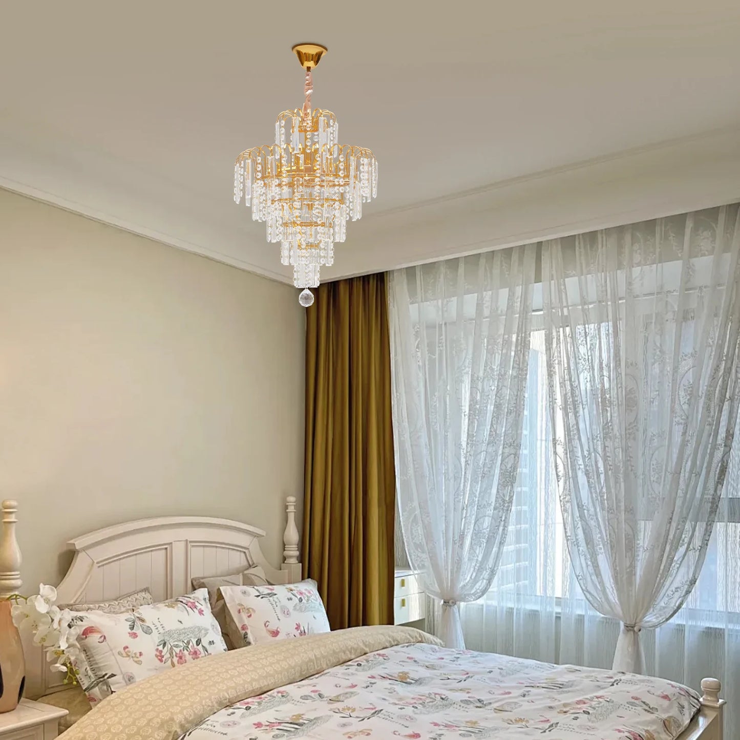 Crystal Chandelier, Adjustable Chain, Golden Tone, Ambient Lighting for Living Room