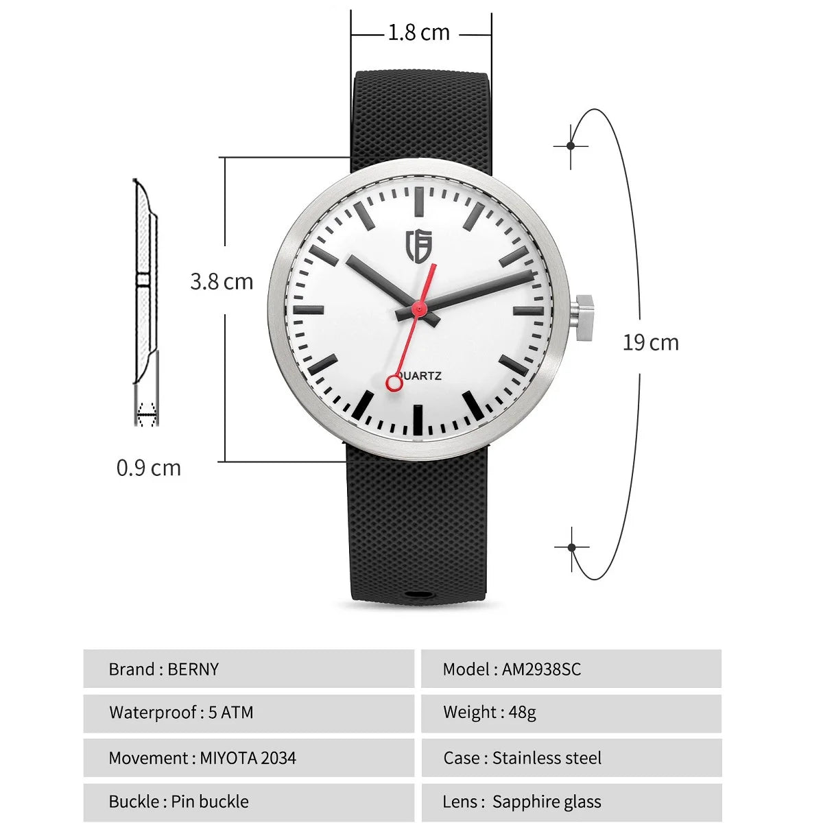 BERNY Men/Women Quartz Watches 38mm Luminous Dial Railways Sports Sapphire 5ATM Stainless Steel Classic Men's Wristwatch