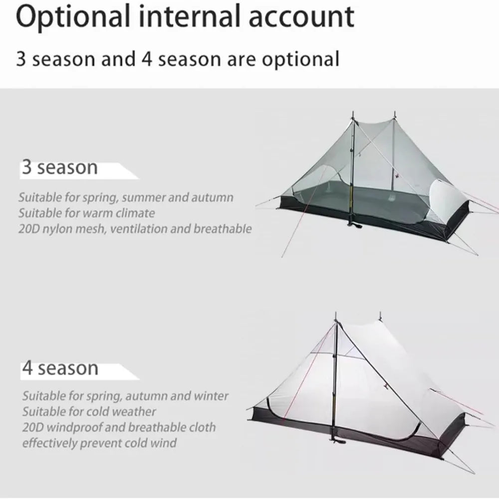 3FULGEAR Lanshan 2 Tent 2 Person Ultralight Camping Tent, 3/4 Season Professional 15D Silnylon Rodless Tent for Camping, Climbin