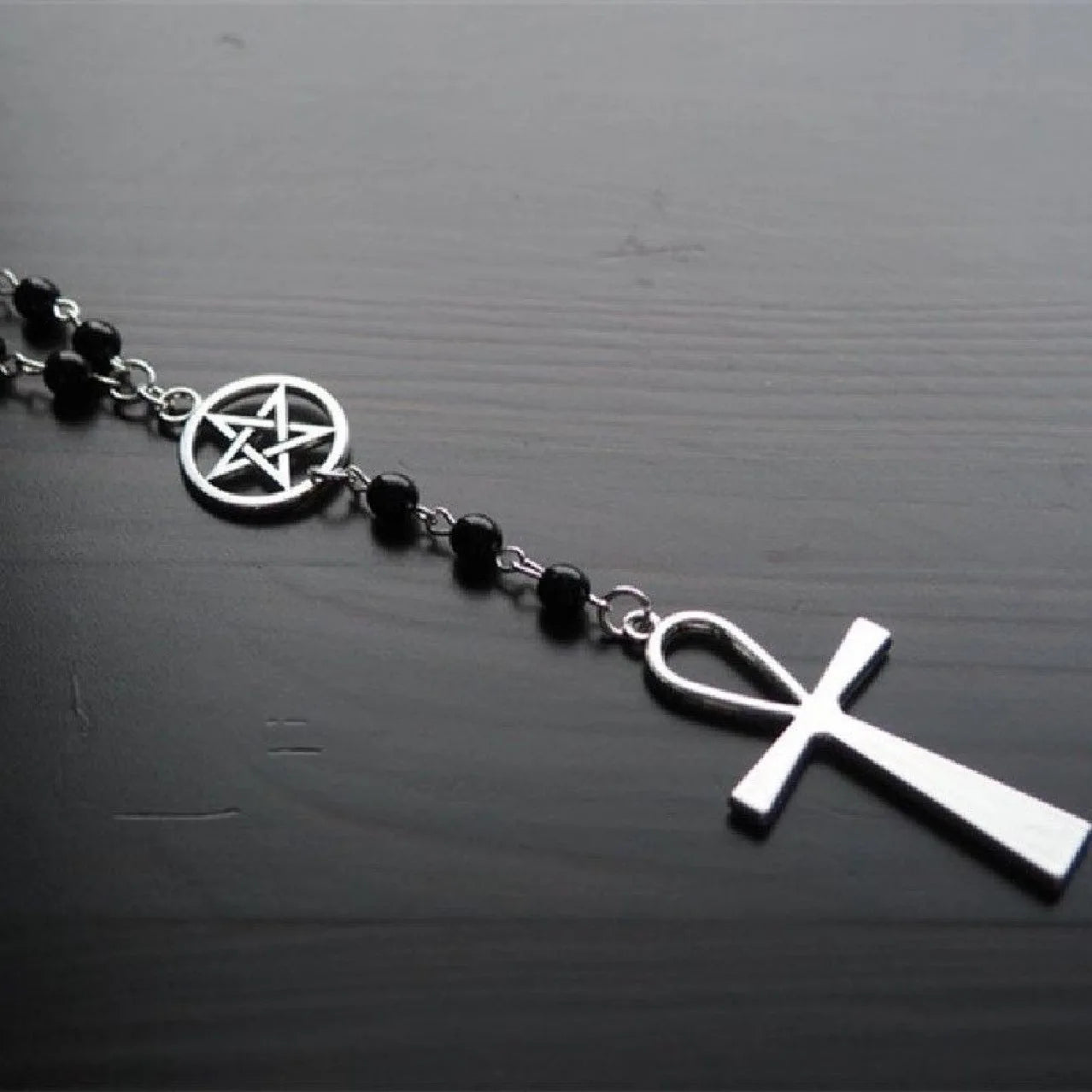 Ankh and Pentagram Rosary Necklace , Wicca, Pagan Rosary Black Beads Charm Jewelry for Women Gift Fashion Simple Jewellery