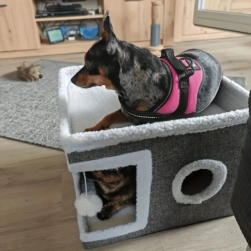 Luxury Cat Tree Bed with Scratching Post - Dual-Level 4-Season Pet Furniture, Organic Bamboo Base & Orthopedic Cushion