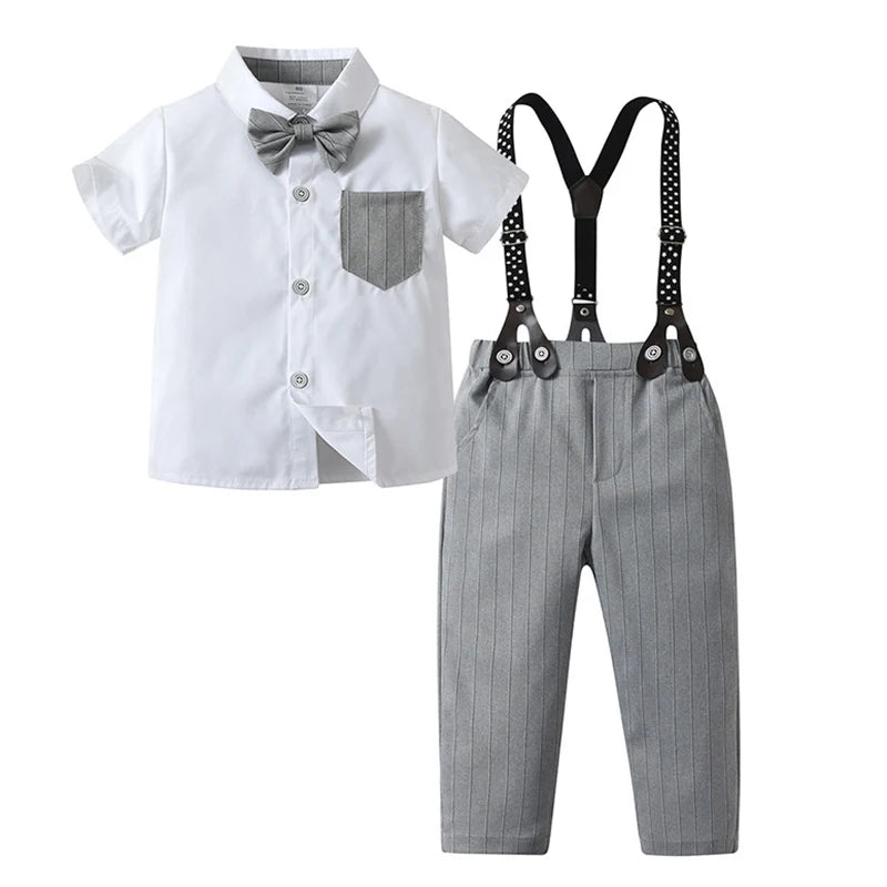 Baby Boy Clothes Set Summer Short Sleeve Shirt Bowtie +Suspenders Shorts 3pcs Kids Birthday Party Children Gentleman Suit