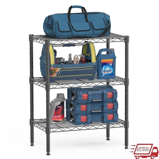 3-Tier Adjustable Heavy Duty Steel Wire Shelving Unit Storage Rack Kitchen Garage Office Organization Freestanding Metal Shelf