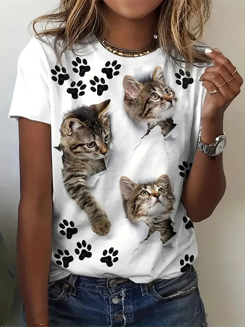 Plus Size Women's Clothing 3D Cat Print Crew Neck T-shirt Casual Loose Short Sleeve Summer T-Shirts Tops Women's Clothing