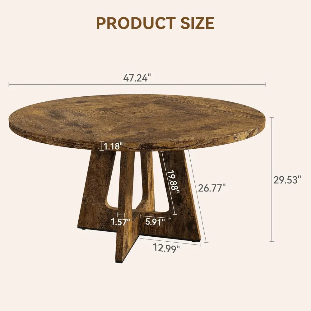 Round Large Dining Table Farmhouse Dinner Table with Wooden Top and Legs for Home Dining Room