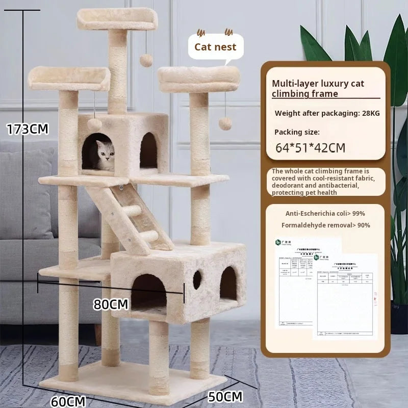 174cm Tower for Indoor Cats and Large Cat Tree With Sisal-Covered Scratching Posts Spacious Hammock Padded Perches and Condos
