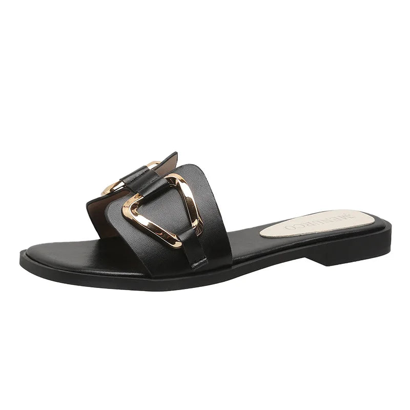 Luxury Women Slippers Buckle Design Small Incense Style Casual Wome's Flat Sandals External Wear Summer Sandy Beach Woman Slides