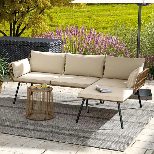 3 Pieces Patio Furniture Set, Wicker Conversation Sectional Sofa, L-Shaped Sofa with 4 Seater for Backyard, Porch, Boho Detacha