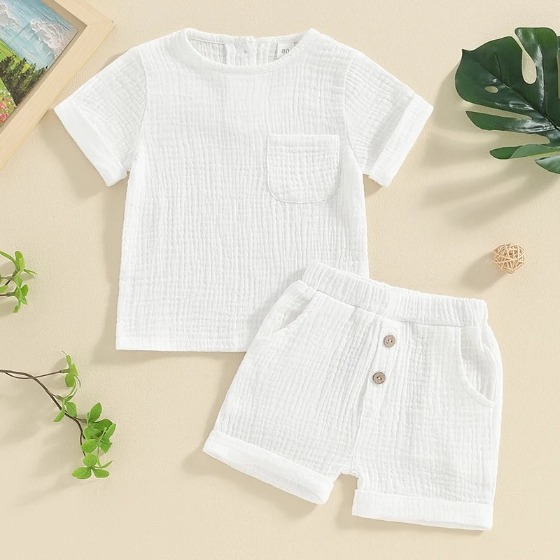 Newborn Baby Boys Summer Clothes Sets Solid Cotton Linen Pocket Short Sleeve T-shirts+Button Pocket Shorts Beach Casual Outfits