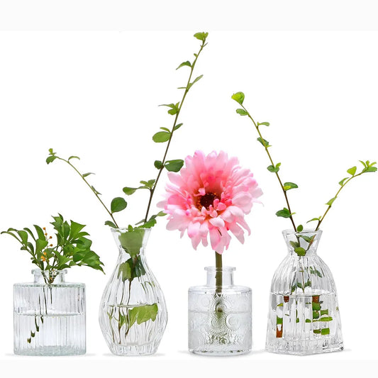 Glass Bud Vases Set of 4,Small Flower Vases for Wedding Centerpiece Table Decorations,Clear Vintage Embossed Mini Vases