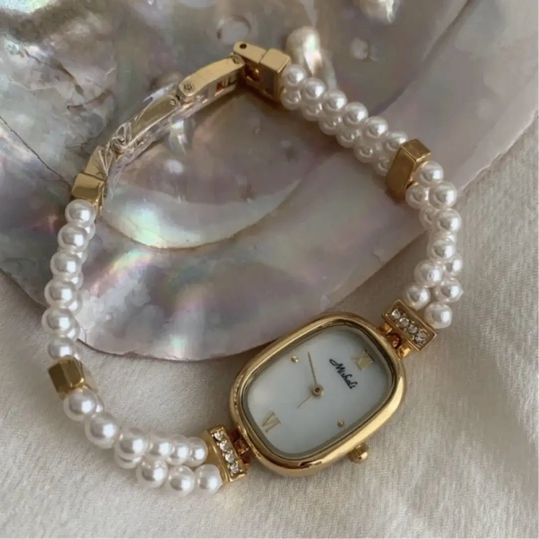Vintage New gold pearl  women's watches bracelet Retro  Diamond luxury party accessories steel Japanese Movement