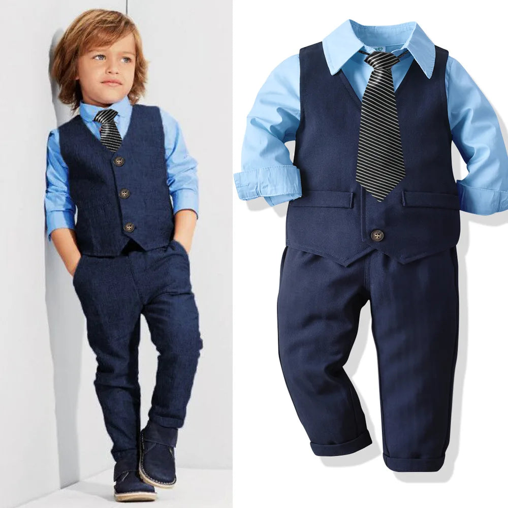 Baby boy's clothing spring and autumn gentleman's birthday suit newborn party dress soft cotton vest + shirt + pants baby 4-piec