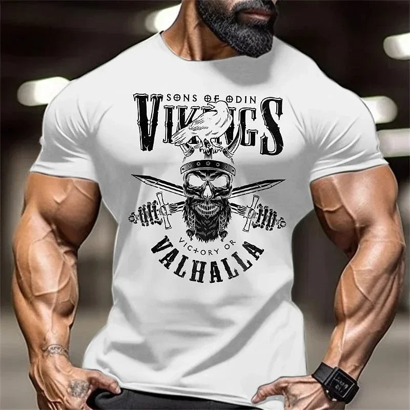 Fitness muscle wear Skeleton fashion printed T-shirt Men's casual loose street top crewneck pullover cotton summer wear