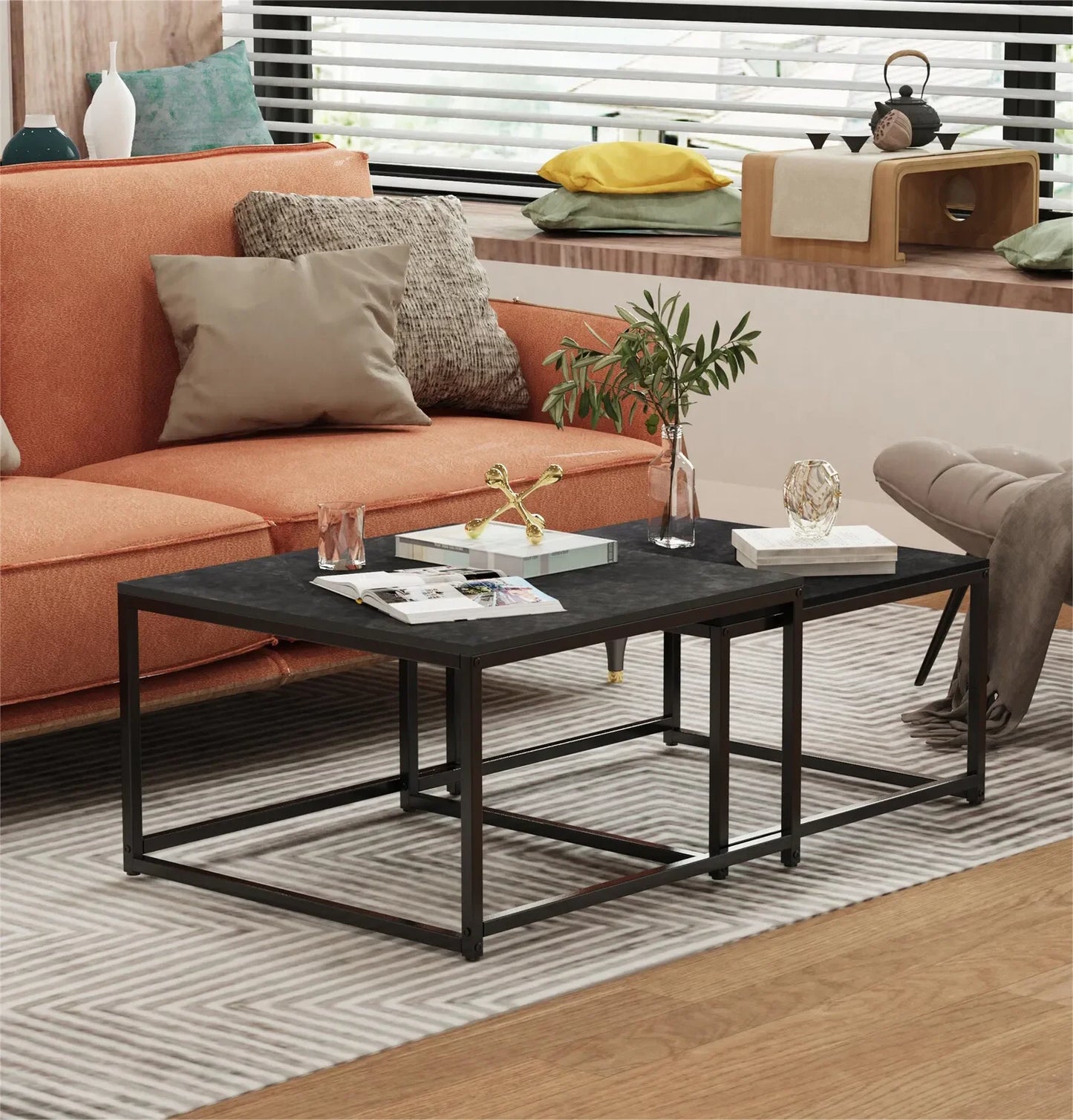 LUVODI Rectangle White Nesting Coffee Table Set Living Room Black Stack-able Accent Tables with Marble Tabletop