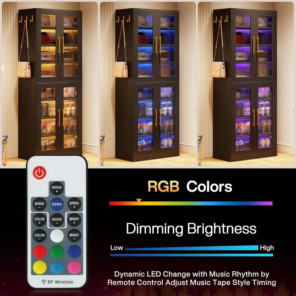 Black Shoe Storage Cabinet with Acrylic Doors and LED Lights, 8-Tier Tall Entryway Shoe Organizer Rack with Adjustable Shelves
