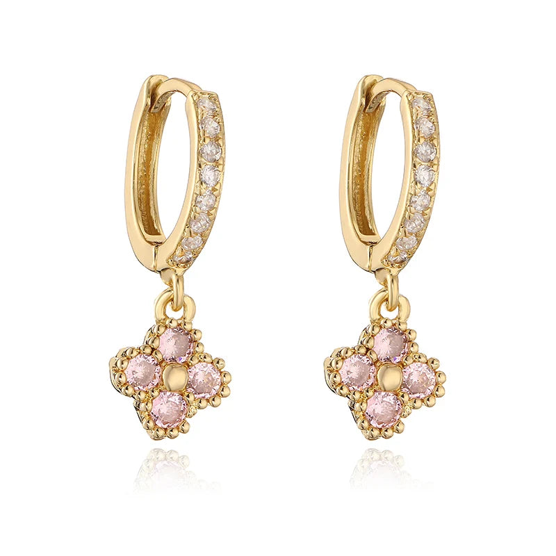 HECHENG Brass 18K Golden-Plated Crystal Zirconia Flower Dangle Earrings Perforated Ladies Jewellery 1 Pair