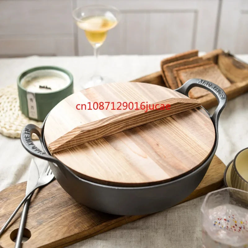 Cast iron pot, thickened double ear stew pot, soup pot, household small stir fry pot, uncoated non stick flat bottomed pan