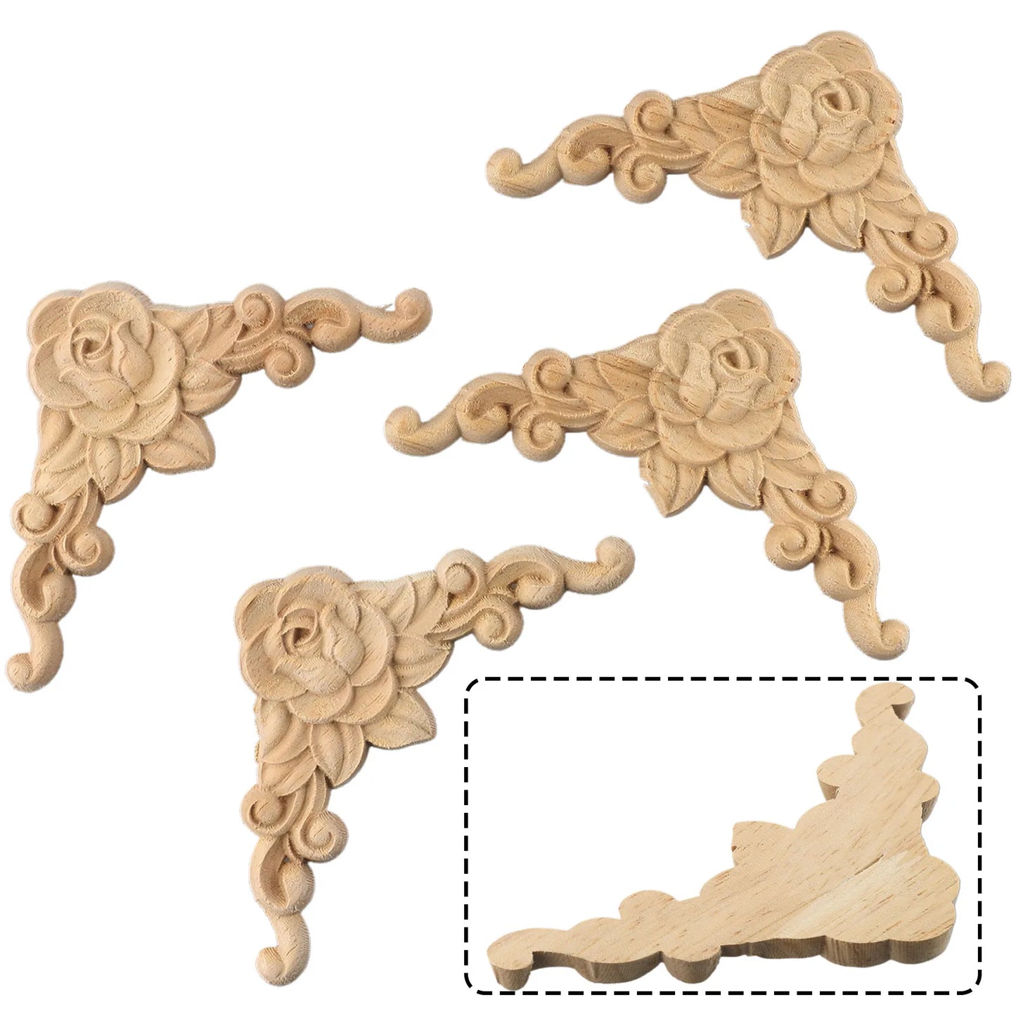 4PC Wooden Carved Corner Onlay Furniture Applique Moulding Decal DIY Home Decor Frame Wall Door Furniture Woodcarving Decoration